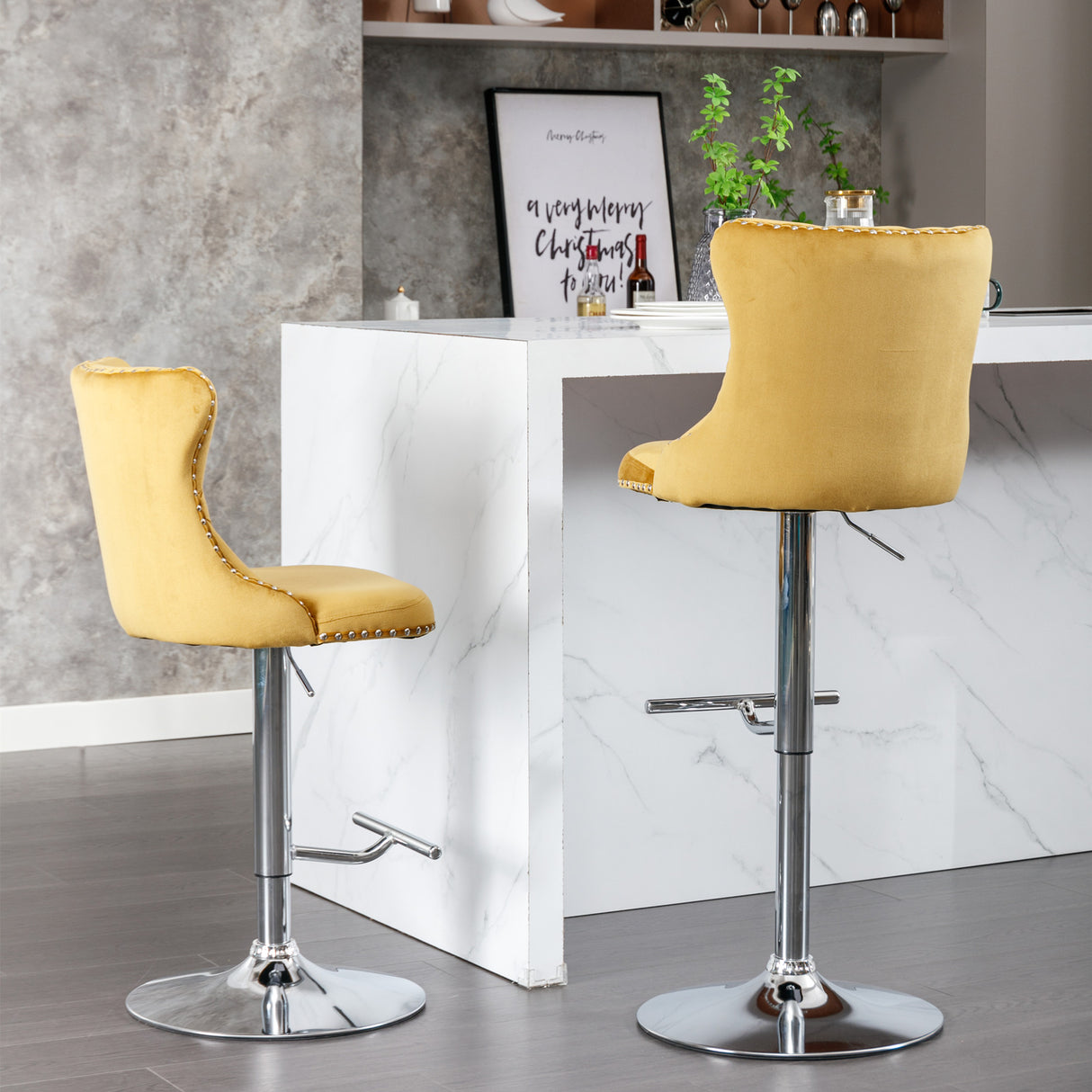 25-33 Inch, Modern Upholstered Chrome base Bar Stools with Backs Comfortable Tufted for Home Pub and Kitchen Island(Gold,Set of