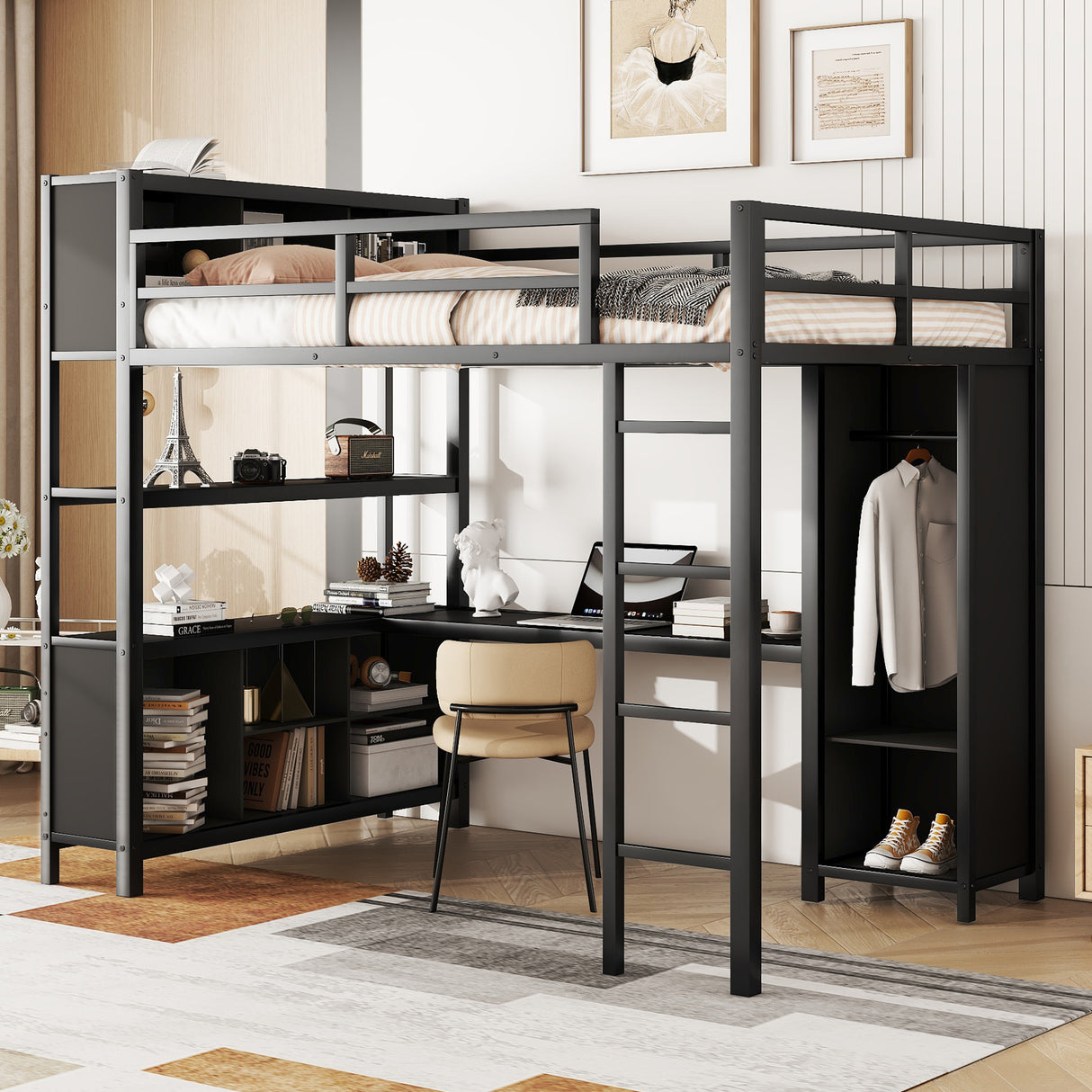 Metal loft bed with wardrobe and L-shaped desk, full-size loft bed with storage cabinet and shelf, heavy-duty loft bed, black - V.I.P Digital Presence