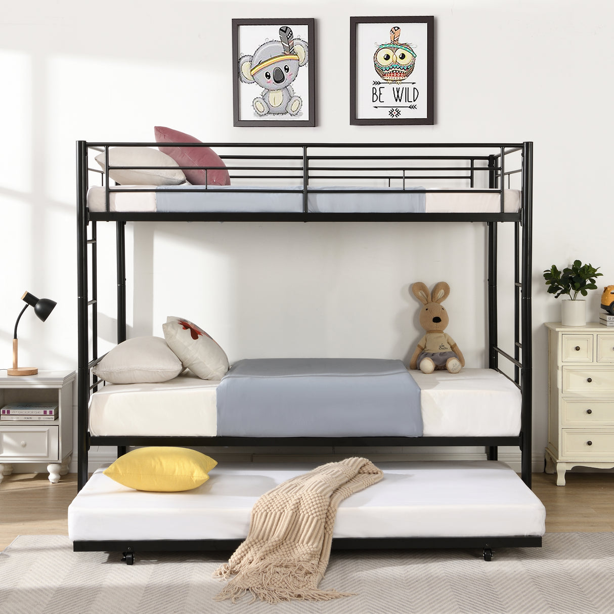 Twin bunk bed frame with trailer, metal bunk bed with sturdy guardrail and side ladder, can be divided into two beds, black - V.I.P Digital Presence