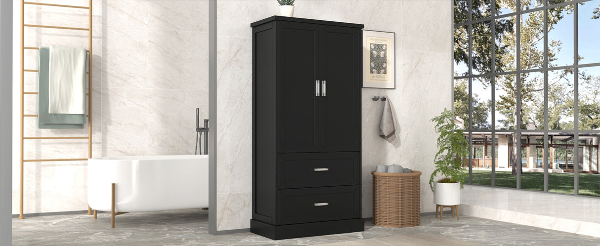Tall Bathroom Storage Cabinet, Cabinet with Two Doors and Drawers, Adjustable Shelf, MDF Board, Black - V.I.P Digital Presence