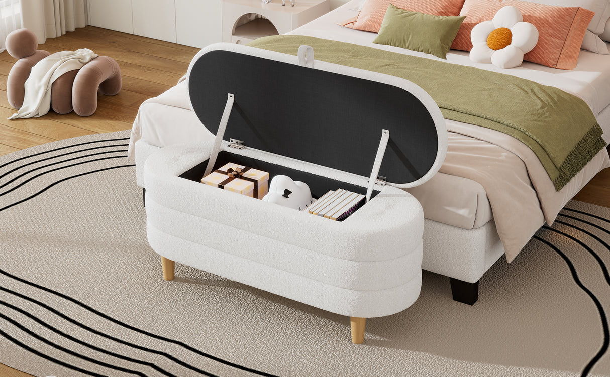 Elegant Upholstered Sherpa Fabric Storage Ottoman with Wood Legs, Storage Bench for Bedroom, Living Room, White - V.I.P Digital Presence