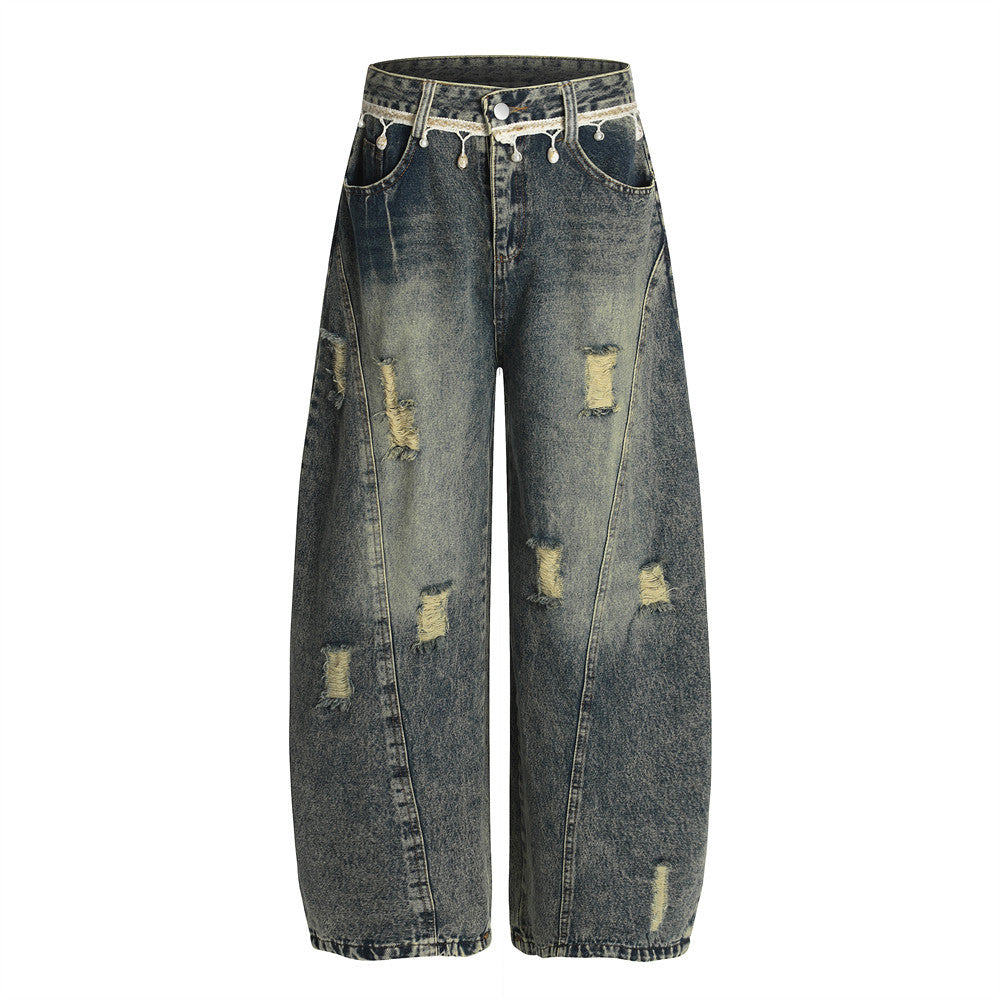 Punk Retro Washed Distressed Denim Wide-Leg Pants Men's Trendy Unique Design Loose Fit Flared Trousers - V.I.P Digital Presence