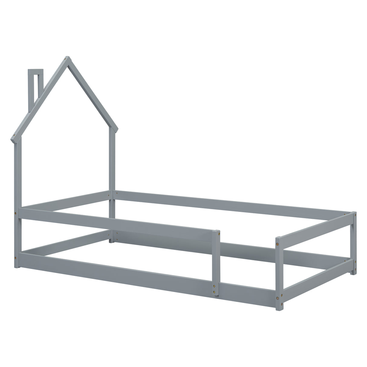 Twin Size Wood bed with House-shaped Headboard Floor bed with Fences,Grey - V.I.P Digital Presence