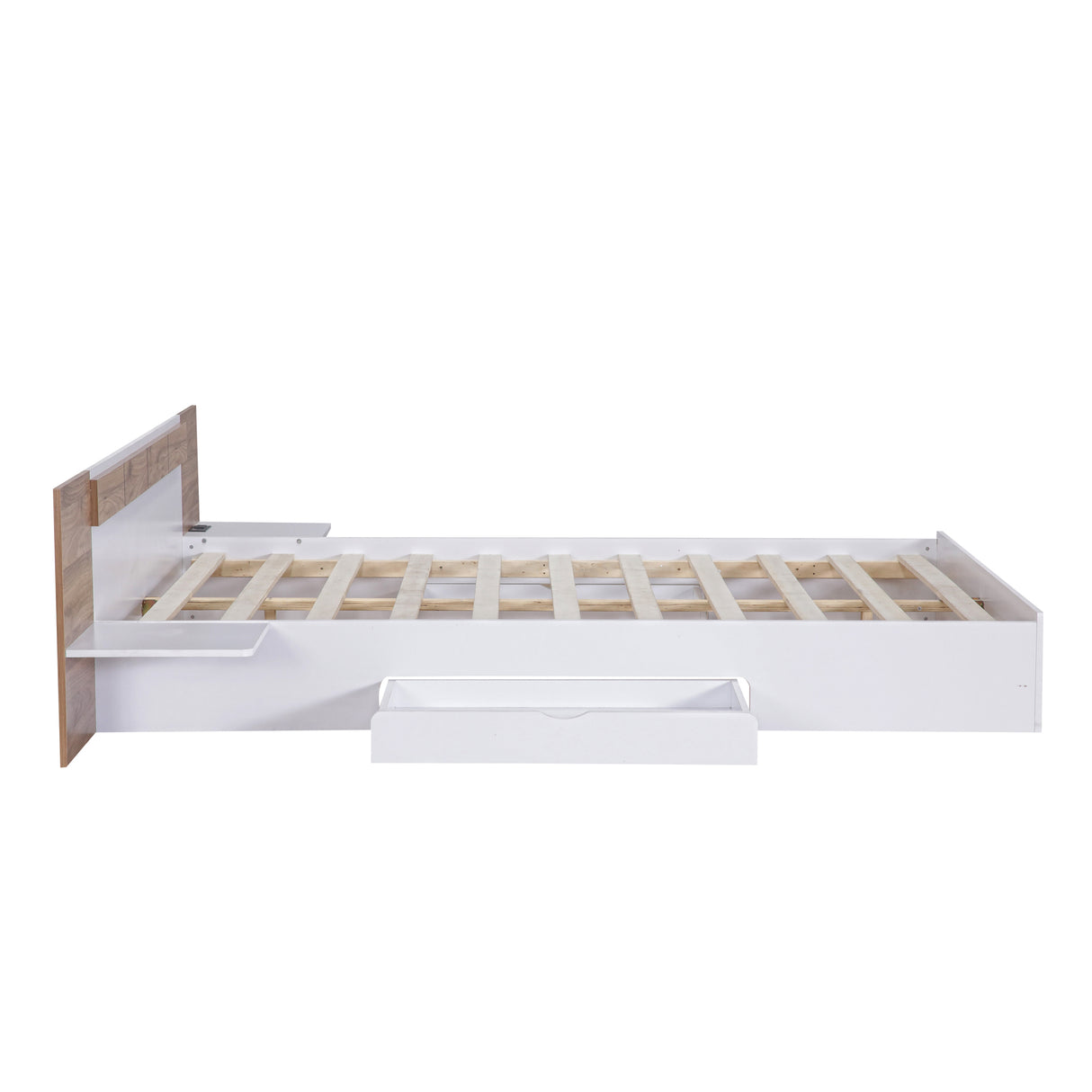 Queen Size Platform Bed with Headboard, Drawers, Shelves, USB Ports and Sockets White
