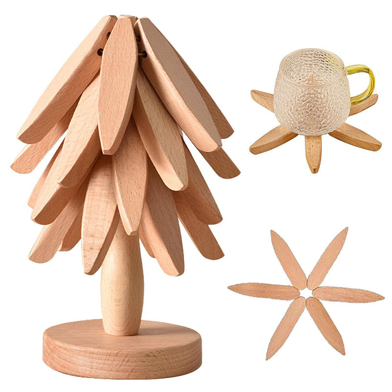 A set of tree - shaped wooden items including 4 trivets for hot dishes, pots, and pans, along with 1 stand. - V.I.P Digital Presence