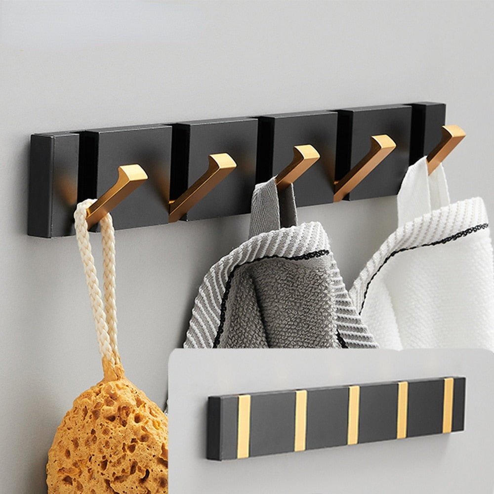 Folding Towel Hanger 2ways Installation Wall Hooks Coat Clothes Holder for Bathroom Kitchen Bedroom Hallway, Black Gold - V.I.P Digital Presence