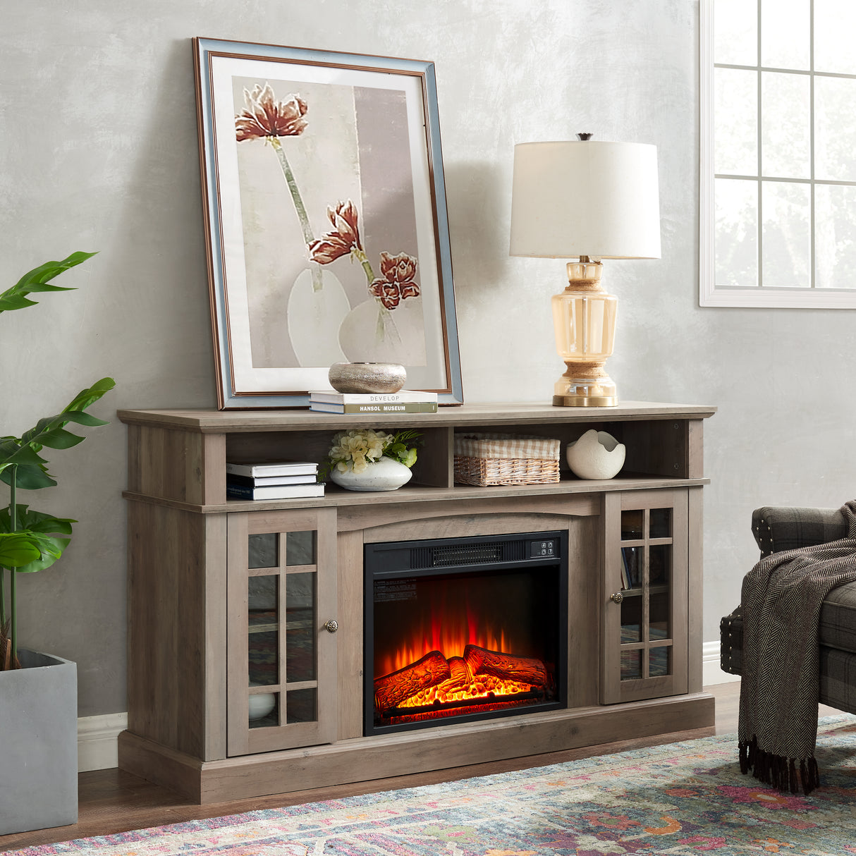 Classic TV Media Stand Modern Entertainment Console with 23" Fireplace Inset for TV Up - V.I.P Digital Presence