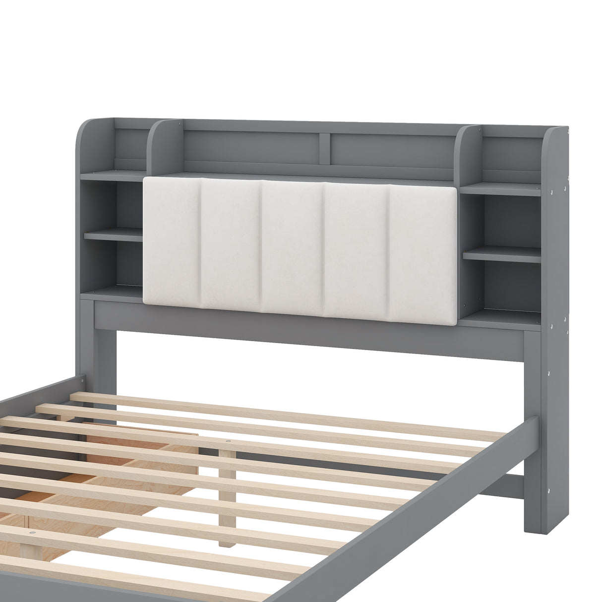 Wood Queen Size Platform Bed with Storage Headboard Shelves and 2 Drawers Gray