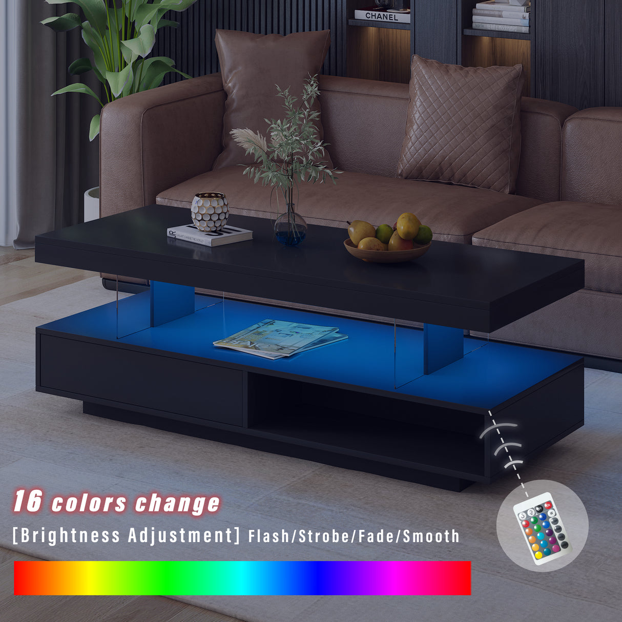 U-Can LED coffee table with storage space, modern central table with 2 drawers and display rack, equipped with LED lights, black - V.I.P Digital Presence