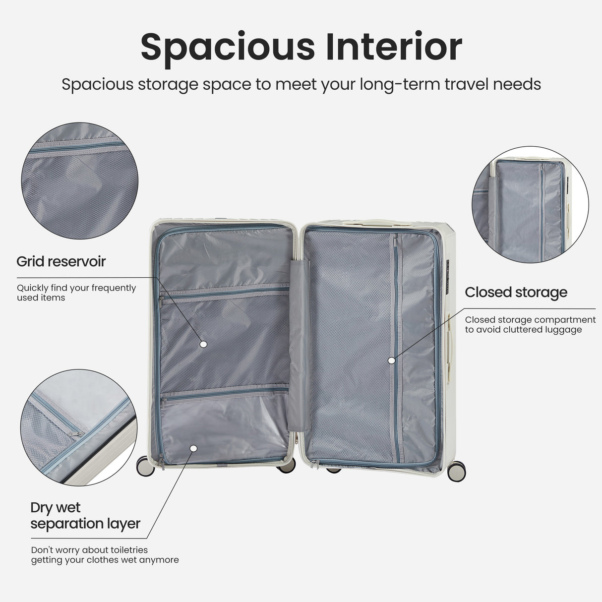 Luggage Set 4 pcs (20"/24"/29"/Travel Bag), PC+ABS Durable Lightweight Luggage with Collapsible Cup Holder、 TSA Lock, White