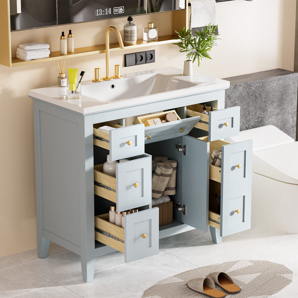 36 inch bathroom vanity with resin sink combination set with 6 drawers and 2 cabinets, storage cabinet vanity set, light blue - V.I.P Digital Presence