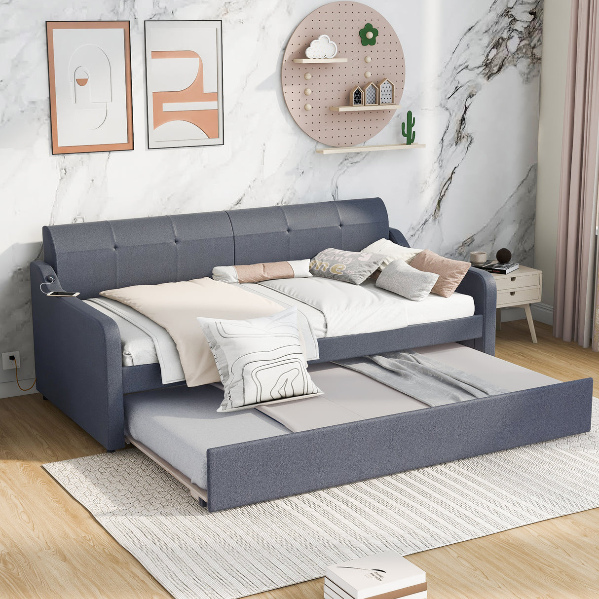 Twin Size Upholstery DayBed with Trundle and USB Charging Design Trundle can be flat or erected Gray - V.I.P Digital Presence
