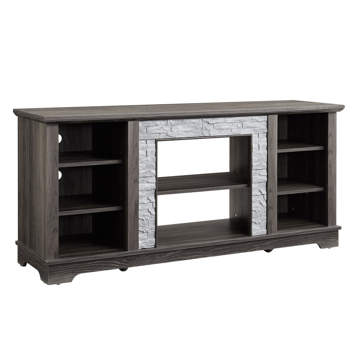 Mantel Stone modern entertainment console, manually stacked stone surrounds open storage space, gray - V.I.P Digital Presence