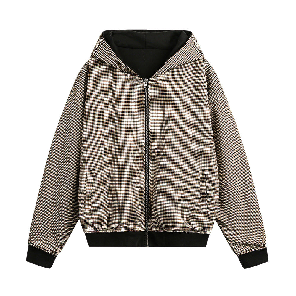 Double-sided Wear Hooded Cardigan Unisex Spring and Autumn Casual Loose Fit Plaid Short Jacket Two-Way Wearing - V.I.P Digital Presence