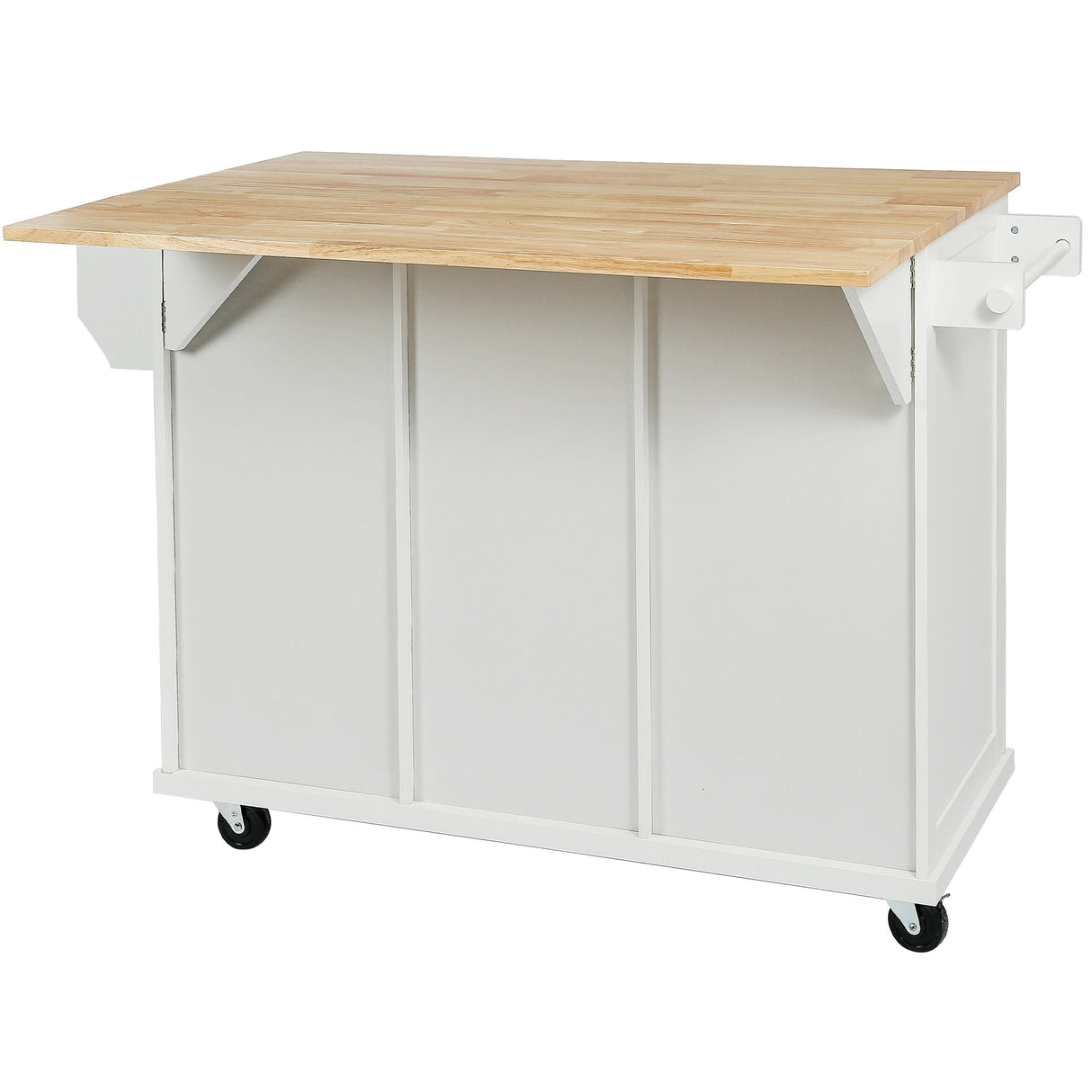 Kitchen trolley with rubber wood leaf countertop, 5-wheel kitchen island, storage cabinet and 3 dining drawers, white - V.I.P Digital Presence