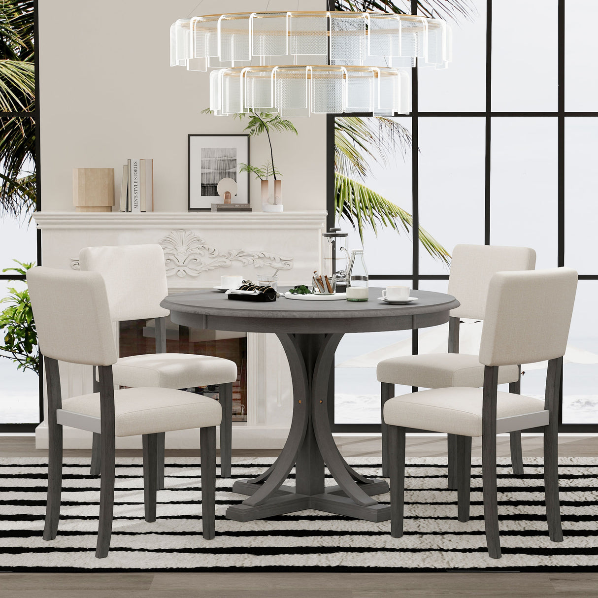 TREXM Five Piece Retro Round Dining Table Set with Curved Brackets and 4 Restaurant Cushioned Chairs (Dark Gray)