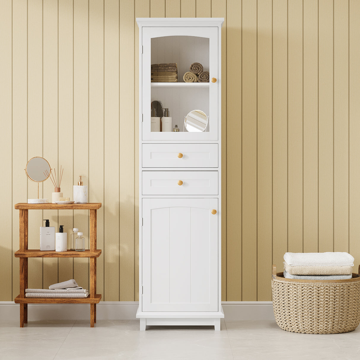 High bathroom storage cabinet with glass door, freestanding, two drawers and adjustable shelves, MDF board, painted white - V.I.P Digital Presence