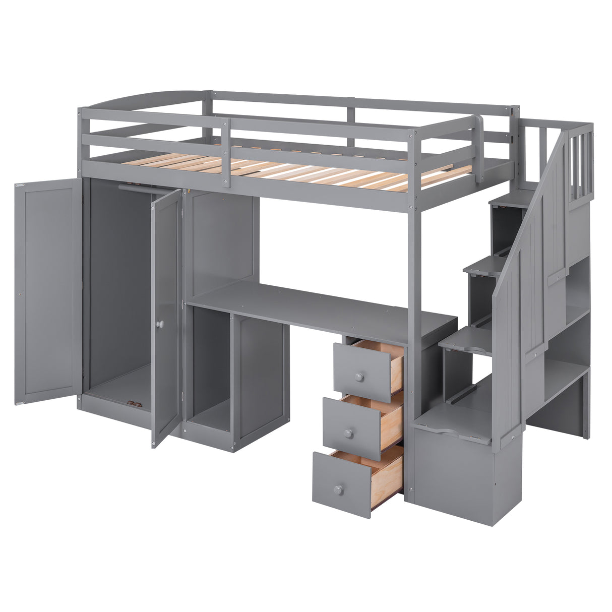 Twin Size Loft Bed with Wardrobe and Staircase Desk and Storage Drawers and Cabinet in 1 Gray