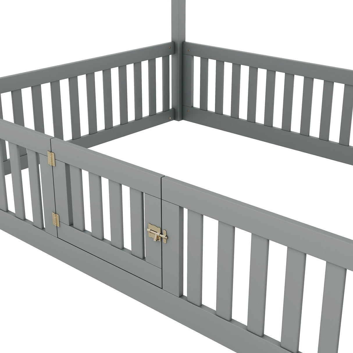 Full Size Wood House Bed with Fence and Door, Gray - V.I.P Digital Presence