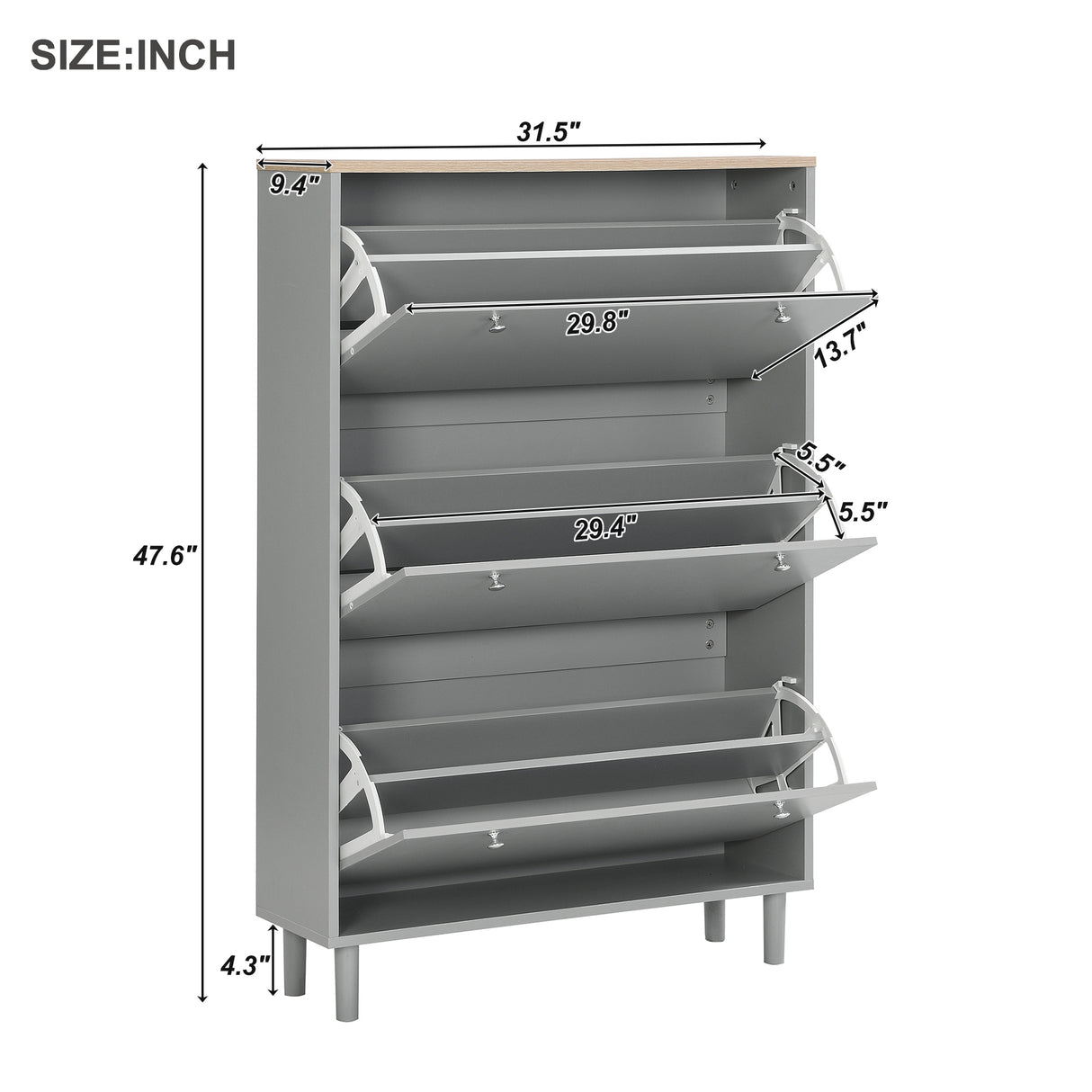 ON-TRANS narrow design shoe cabinet with 3 flip drawers and 3 independent shoe racks with 3 hooks, gray - V.I.P Digital Presence