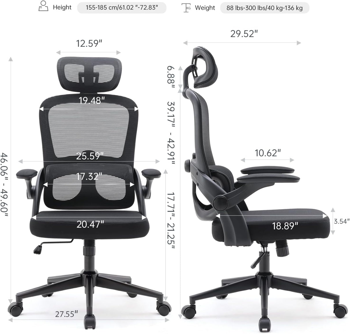 High backrest mesh office chair with 3D armrests, rotating computer task chair with adjustable 2D headrest, tilt function black - V.I.P Digital Presence