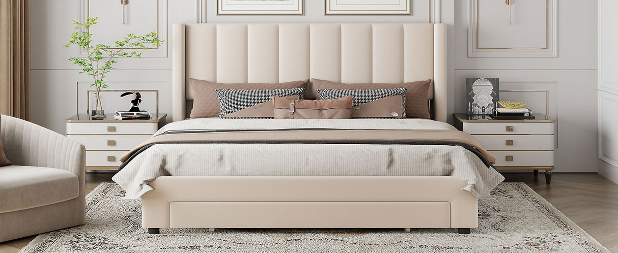 Queen Size Storage Bed Velvet Upholstered Platform Bed with a Big Drawer - Beige - V.I.P Digital Presence