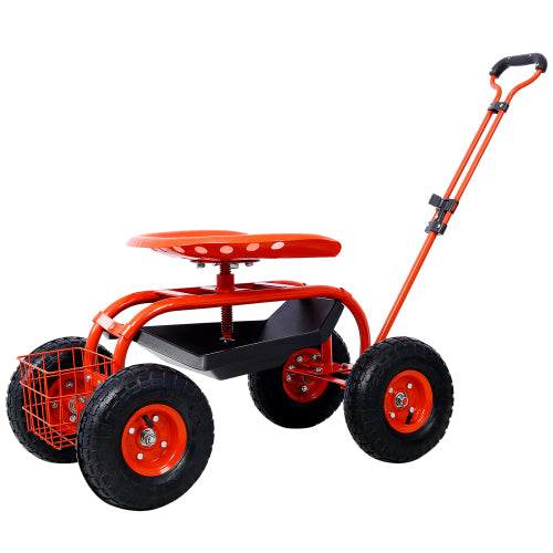 Garden cart rolling scooter, adjustable height with 4 wheels and extendable handle with 360 degree seat and tool tray (red) - V.I.P Digital Presence