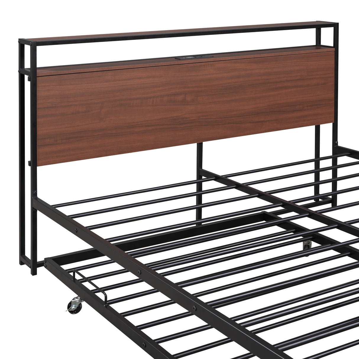 Queen Size Metal Platform Bed Frame with Trundle, USB Ports and Slat Support ,No Box Spring Needed Black - V.I.P Digital Presence