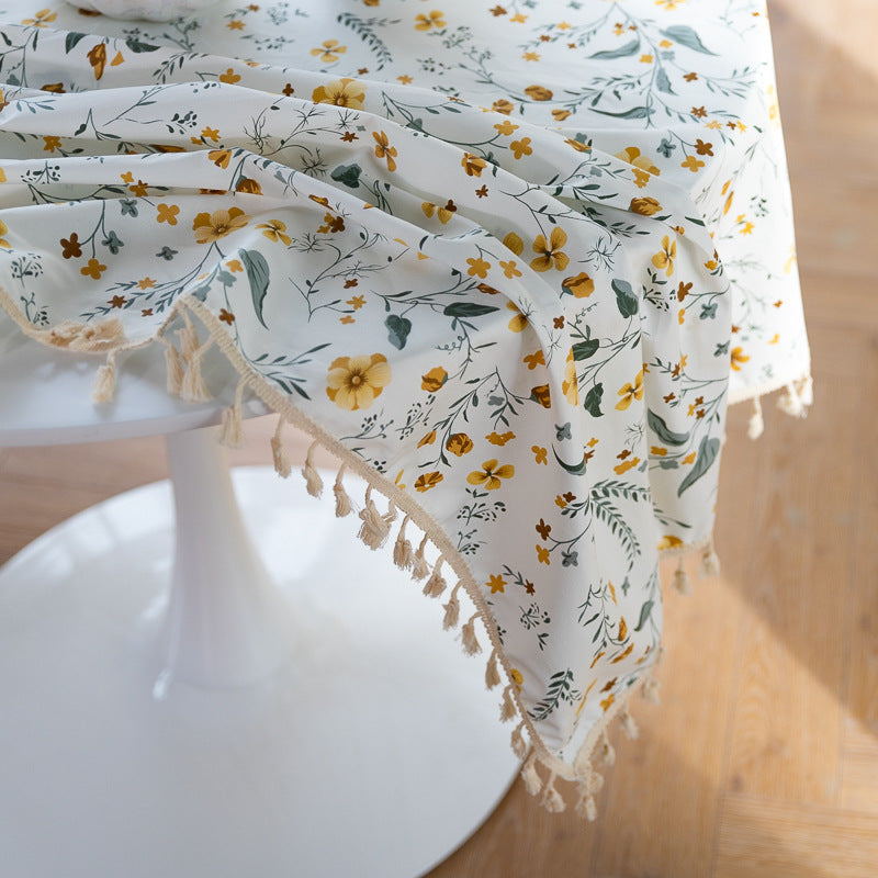 Pure Cotton Literary Nordic Japanese Tassel Tablecloth Printing Cover Towel Broken Flower Rectangular Tablecloth