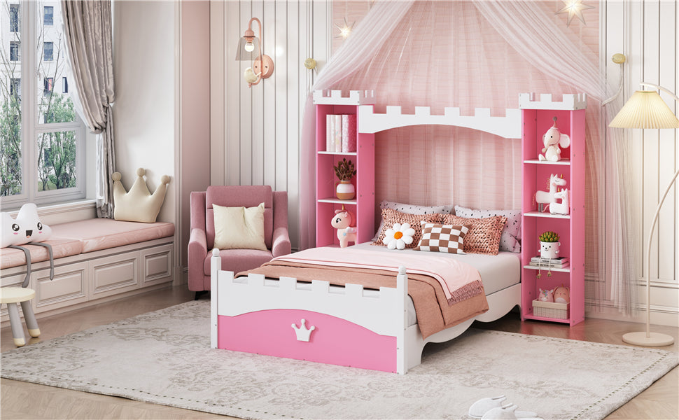 Castle-Shaped Wooden Bed with Storage Shelf, Dreamy Twin Size Platform Bed for Kids Bedroom, Pink+ White - V.I.P Digital Presence