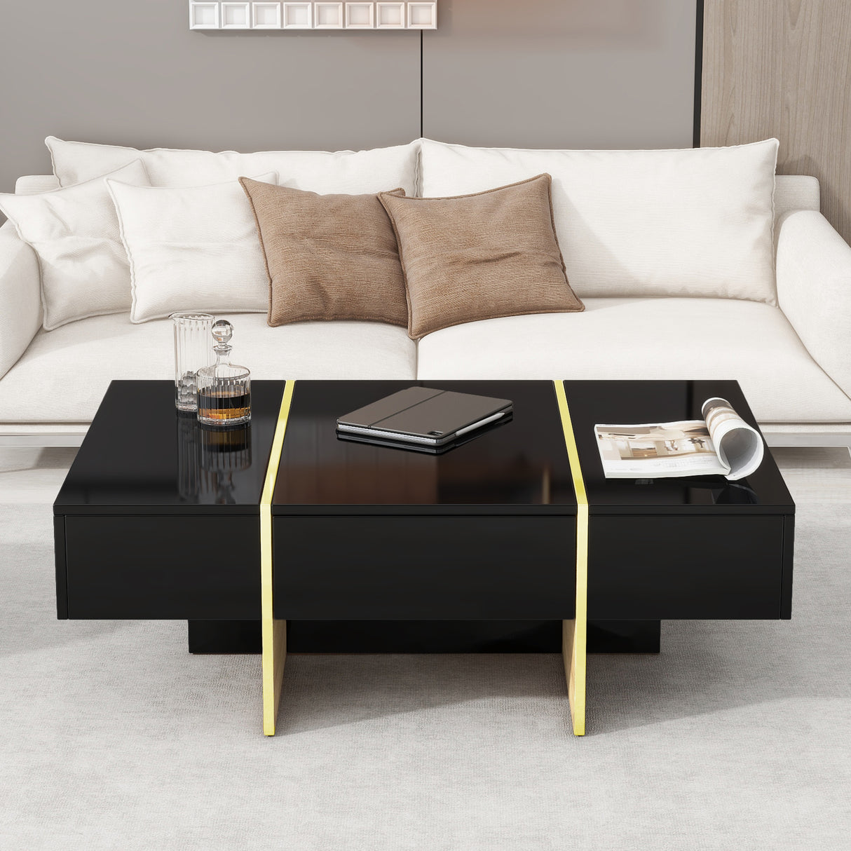 ON-TRANS 47.2 inch x 31.4 inch multifunctional rectangular sofa table with 2 drawers and gold wood grain leg center table, black - V.I.P Digital Presence