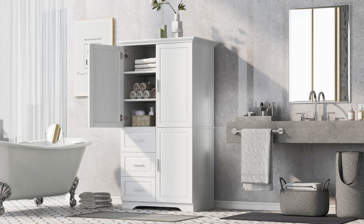 Tall and Wide Storage Cabinet with Doors for Bathroom/Office, Three Drawers, White - V.I.P Digital Presence
