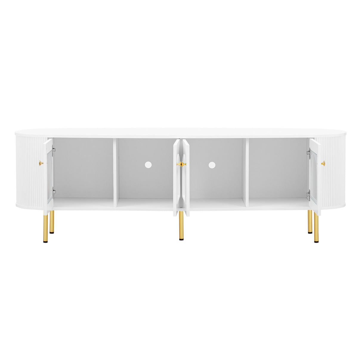 U-Can Modern TV Stand for TVs up to 80 Inches, Entertainment Center with 4 Cabinets, Wood with Metal Legs and Handles White - V.I.P Digital Presence