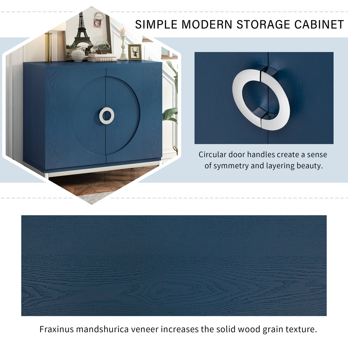 Simple Storage Cabinet Accent Cabinet with Solid Wood Veneer and Metal Leg Frame for Living Room, Entryway, Dining Room (Navy)