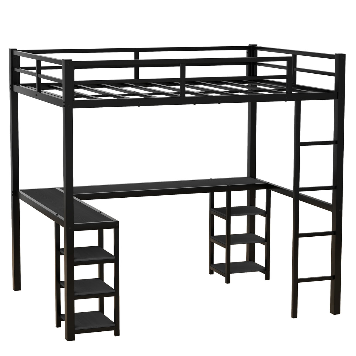 All metal loft bed with desk and shelf, loft bed with ladder and guardrail, black with black desk - V.I.P Digital Presence