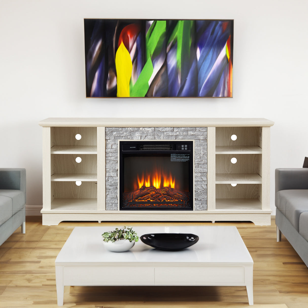 Mantel electric fireplace stone TV media stand, open storage console space, with 18 inch fireplace insert, white - V.I.P Digital Presence