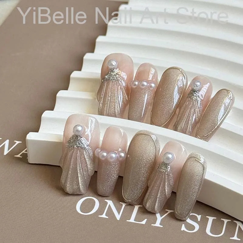 Sea Shells Handmade Press on Nails Ballerina Professional Wearable Reusable False Nail Tip Nail Art With Shiny Pearl - V.I.P Digital Presence
