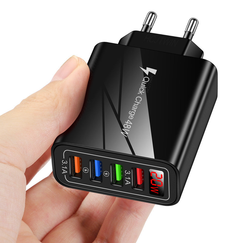 4 USB digital display mobile phone charger, European, American and British standard multi port charger with display screen - V.I.P Digital Presence
