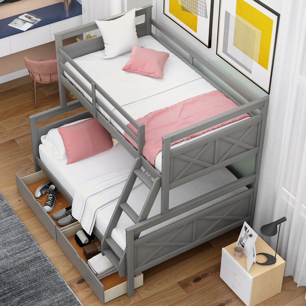 Twin over Full Bunk Bed with Ladder Two Storage Drawers Safety Guardrail Gray