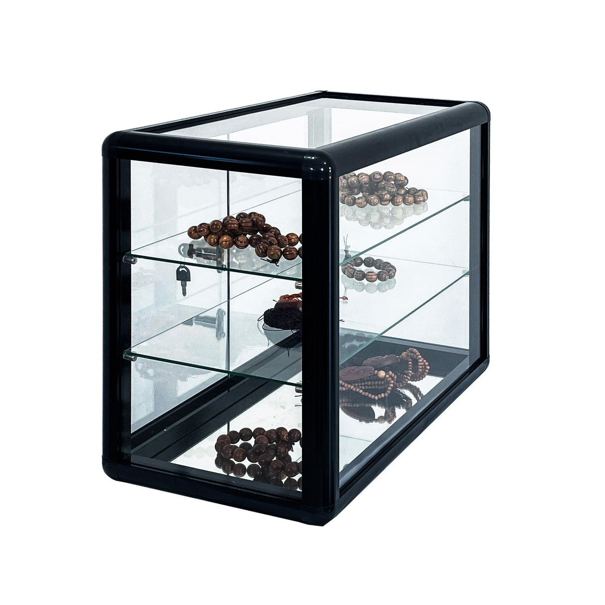 Tempered glass counter top display cabinet with sliding glass door and lock, standard aluminum frame - V.I.P Digital Presence