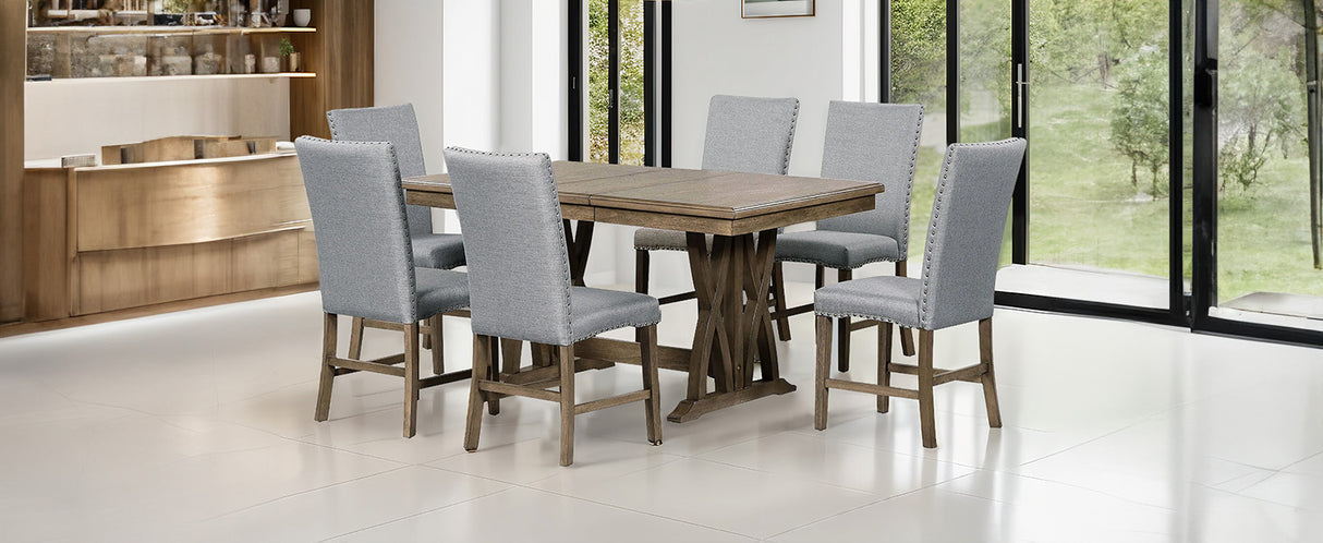TOPMAX Mid Century Solid Wood 7-Piece Expandable Dining Table Set with Soft Cushioned Chair, Gold Brown+Gray Cushions