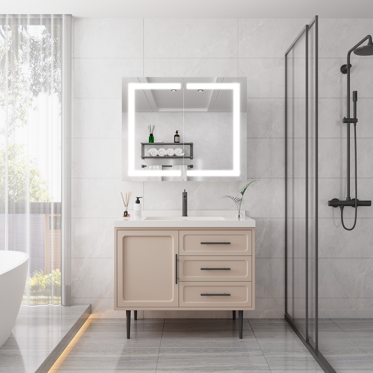 36 x 30 inch Medicine Cabinet with LED Vanity Mirror Anti-Fog Recessed or Surface Mount Waterproof DimmableAluminum 3000K~6000K Lighted Double Door Bathroom Cabinet with Touch Switch - V.I.P Digital Presence