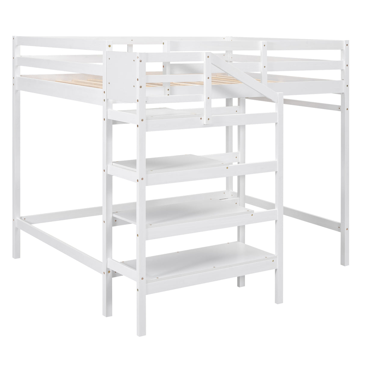 Full Size Loft Bed with Built-in Storage Staircase and Hanger for Clothes White