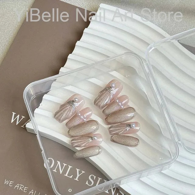 Sea Shells Handmade Press on Nails Ballerina Professional Wearable Reusable False Nail Tip Nail Art With Shiny Pearl - V.I.P Digital Presence