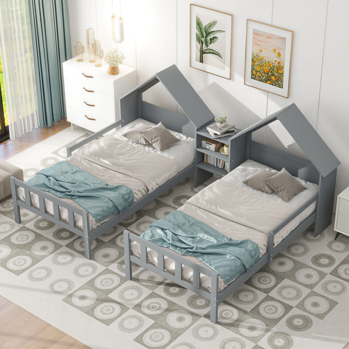 Double Twin Size Platform Bed with House-shaped Headboard and a Built-in Nightstand Grey