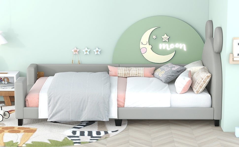 Twin Size Upholstered Daybed with Carton Ears Shaped Headboard Grey