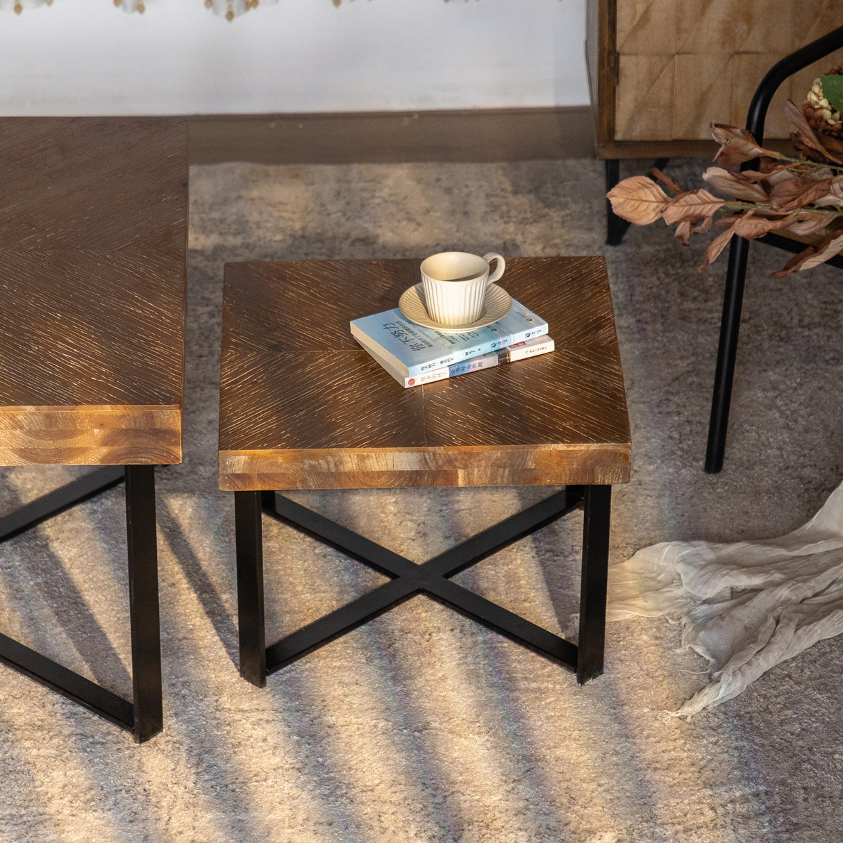 31.3"Modern Retro Splicing Square Coffee Table Fir Wood Table Top with Cross Legs Metal Base (Set of 2 pcs )