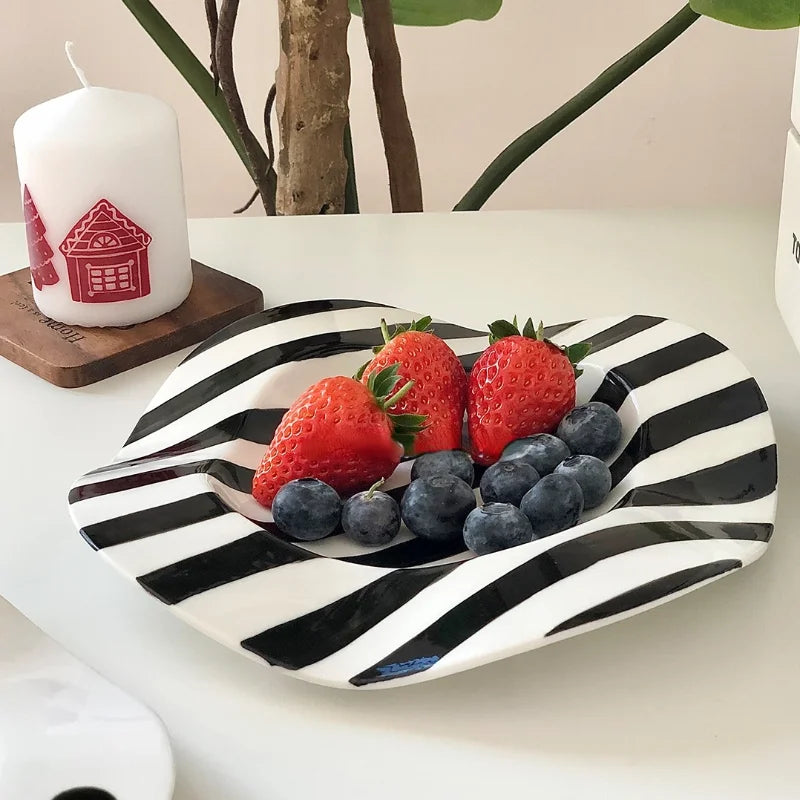 Nordic Ceramic Plate Dot Stripe Irregular Wave Shape Ceramic Dessert Plate Pasta Plate Dinner Plates Ceramic Dish Plates - V.I.P Digital Presence