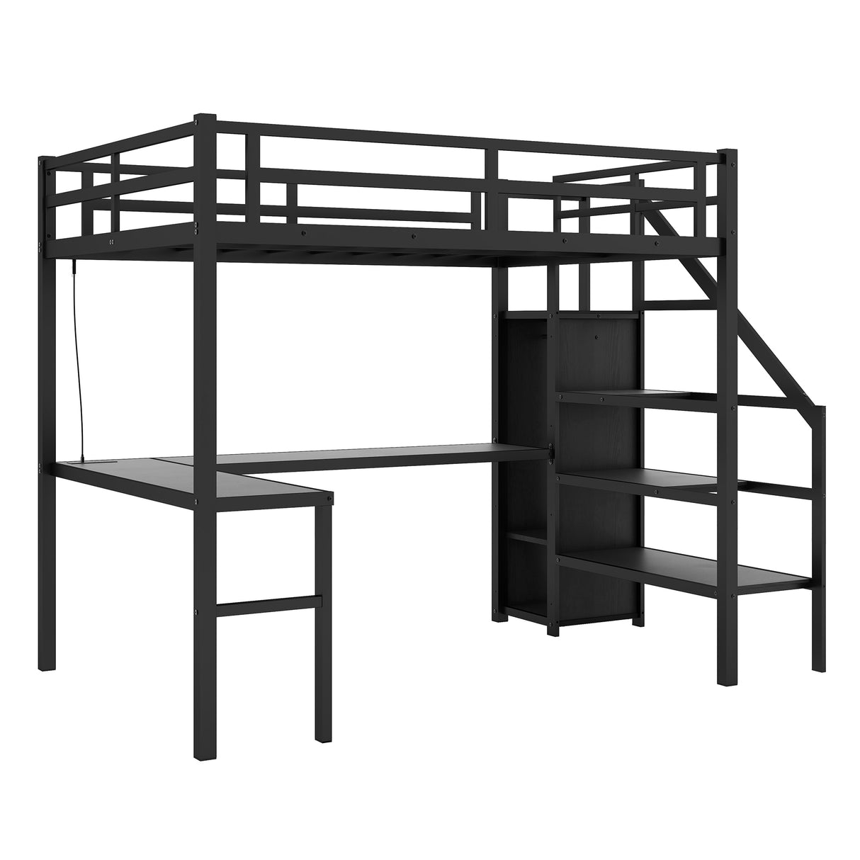 Twin XL loft bed with L-shaped desk and USB, metal loft bed with wardrobe and adjustable shelf, LED loft bed, black - V.I.P Digital Presence