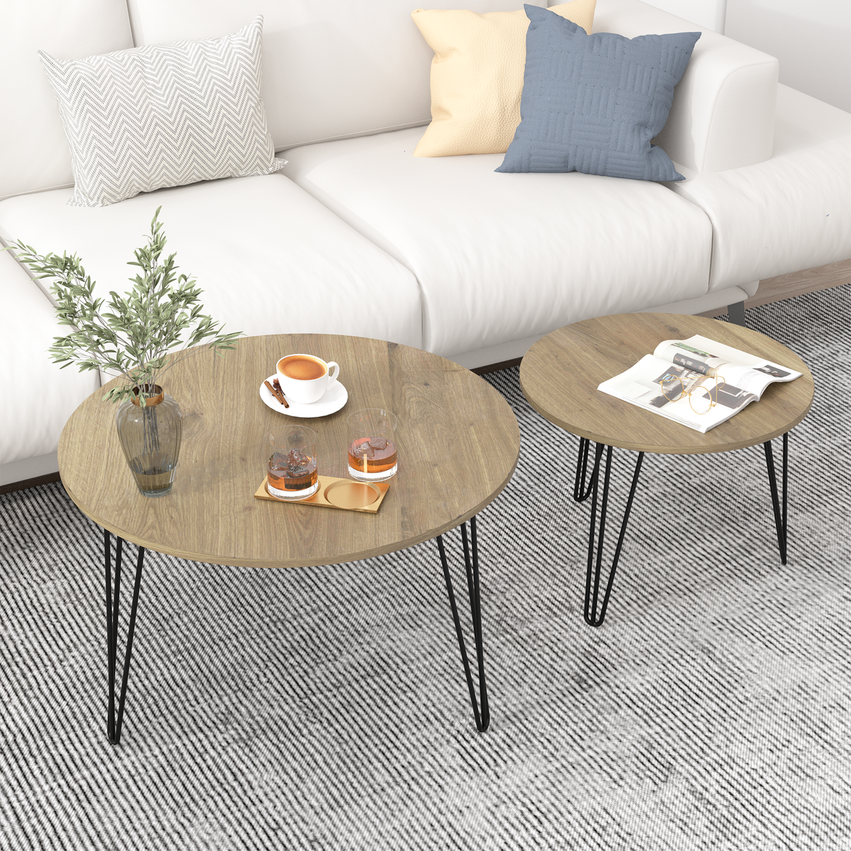 27.56'' Round Nesting Coffee Table Set of 2, Circular Nesting End Table Set Sturdy Metal Base for Living Room, bedroom, Brown - V.I.P Digital Presence